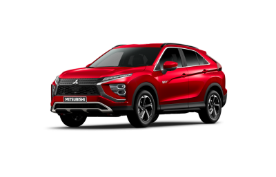 Aanzicht schuin van voren van de Eclipse Cross PHEV in de kleur Red Diamond