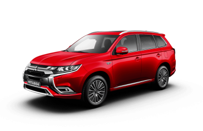 Aanzicht schuin van voren Outlander PHEV in de kleur rood